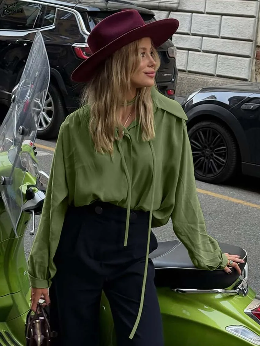

Oymimi Fashion Green Women's Shirt Elegant Lapel Long Sleeve Lace-Up Blouses Casual New Solid Single Breasted Female Shirts