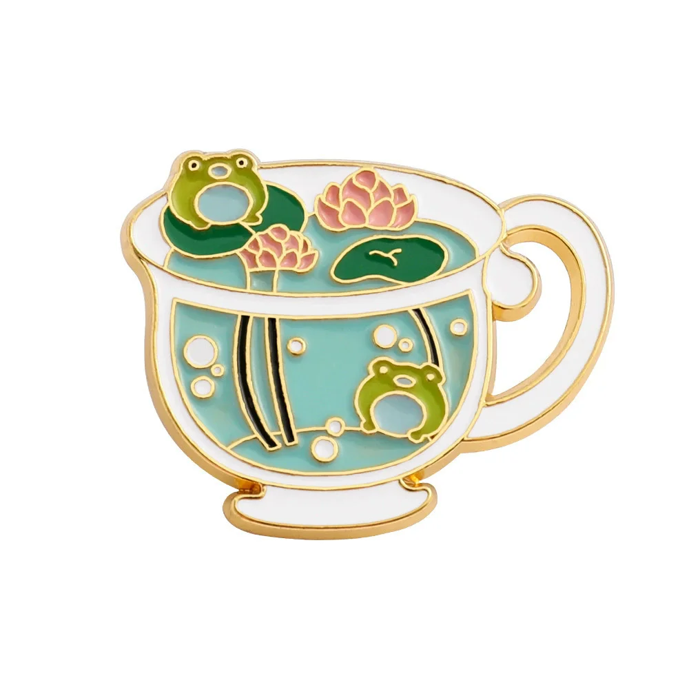 Cute Animal Frog Enamel Pins Brooch Cartoon Lotus Leaf Exquisite Teacup Brooch Fashion Lapel Backpack Badges Jewelry Gifts
