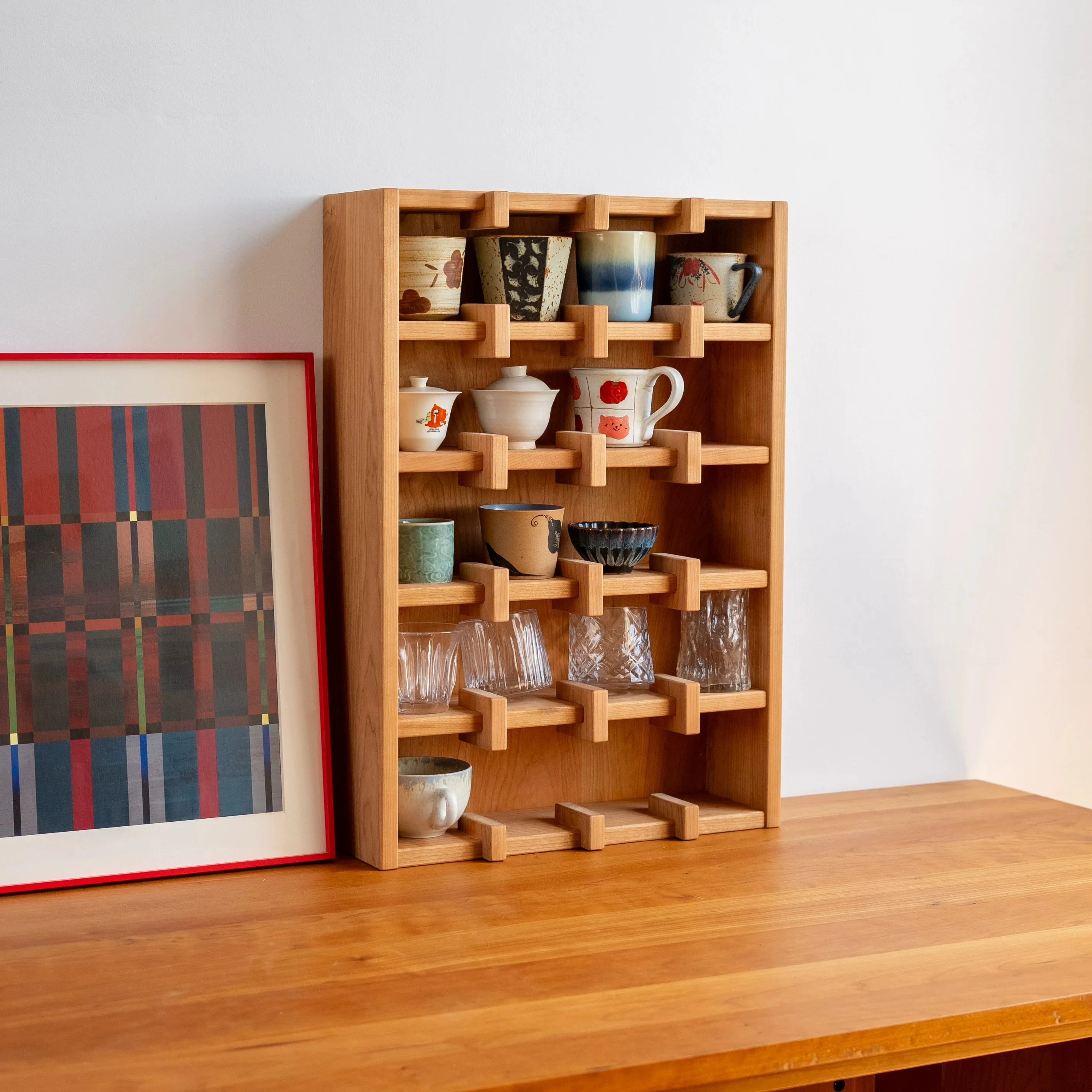 Solid Wood Desktop Coffee Mug Display Rack Multi Grid Cup Storage Organizer Shelf Kitchen Cafe Countertop Tea Cup Collection