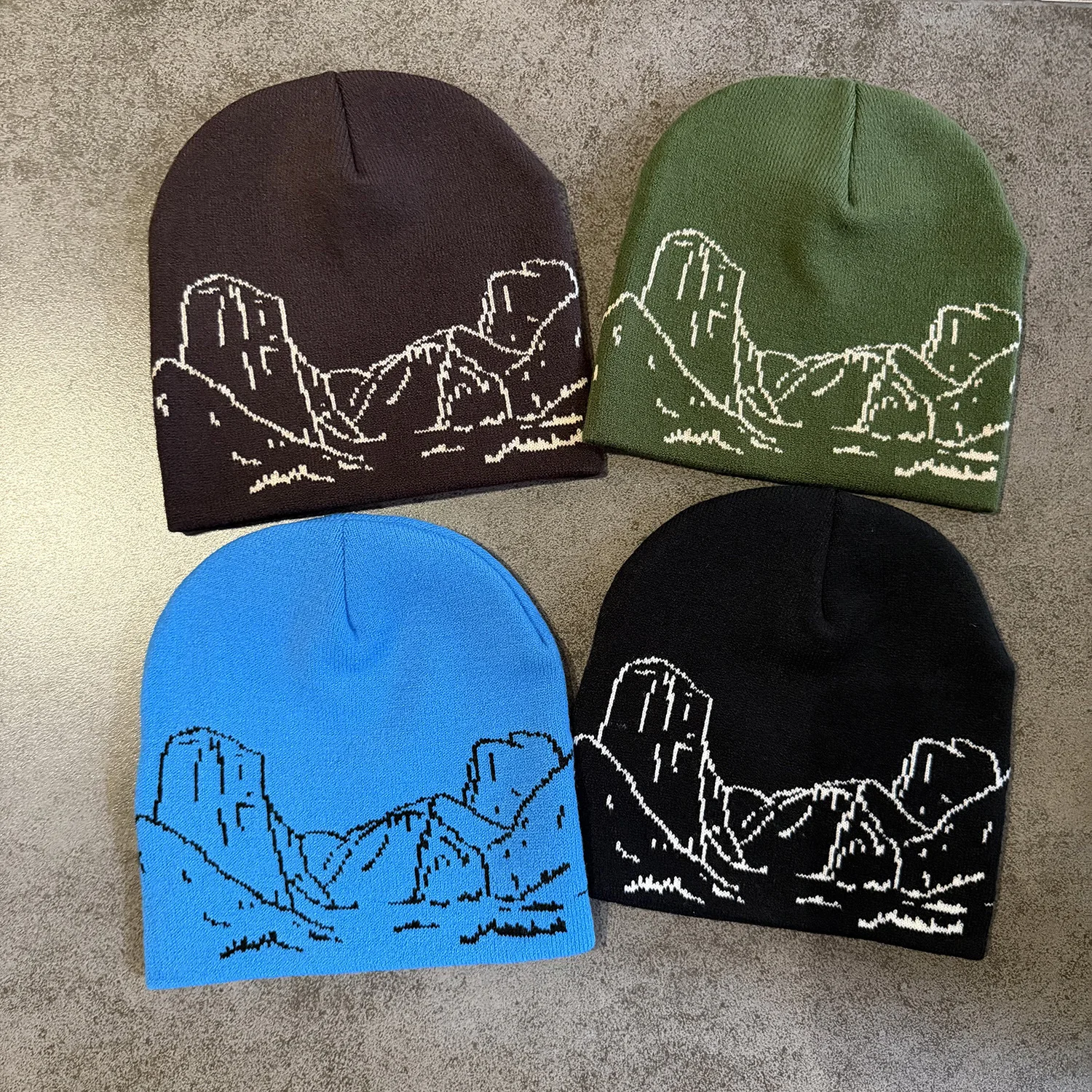 Mountain Pattern Knitted Beanie Hat Unisex Winter Warm Cap Outdoor Hiking Ski Streetwear Hat Soft Stretch  Cap