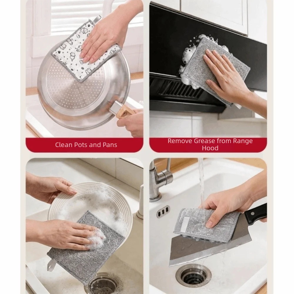 10PCS Double Layer Use Steel Wire Dish Cloth Quick-Drying Cartoon Cat Pattern Dish Cleaning Cloth Water Absorption