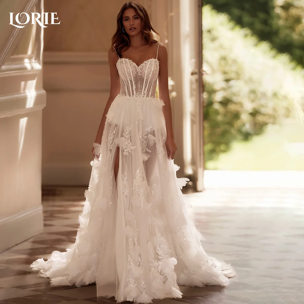 

LORIE Shiny Flower Wedding Dresses A-Line Lace Applique Illsion Slit Bridal Gown Spaghetti Strap Princess Party Dress Customized