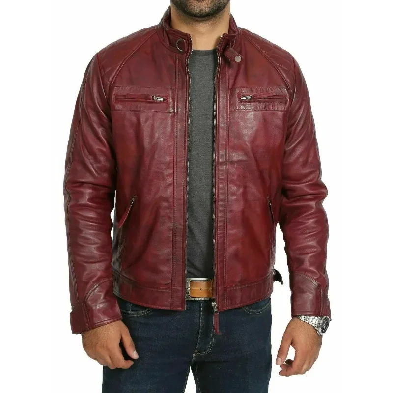 

Men Burgundy Genuine Lambskin Biker 100% Leather Jacket Outdoor Wear Coat