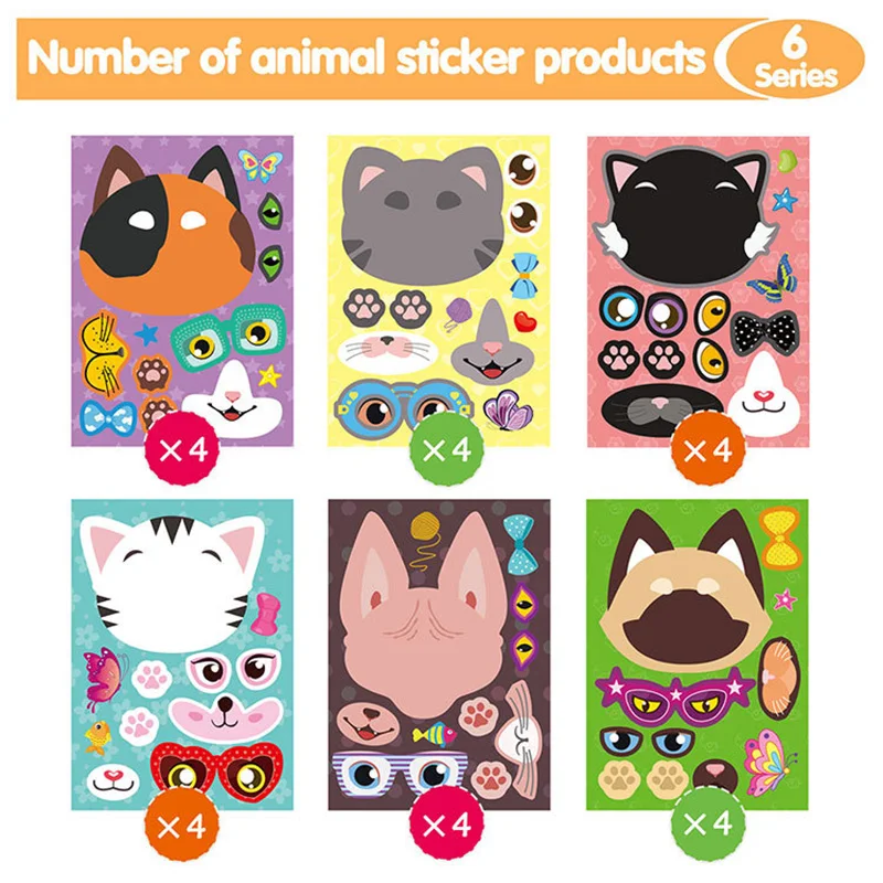 24 Sheets/Set Cartoon Cat DIY Make A Face Makeup Stickers Children's Craft Funny Change Face Sticker