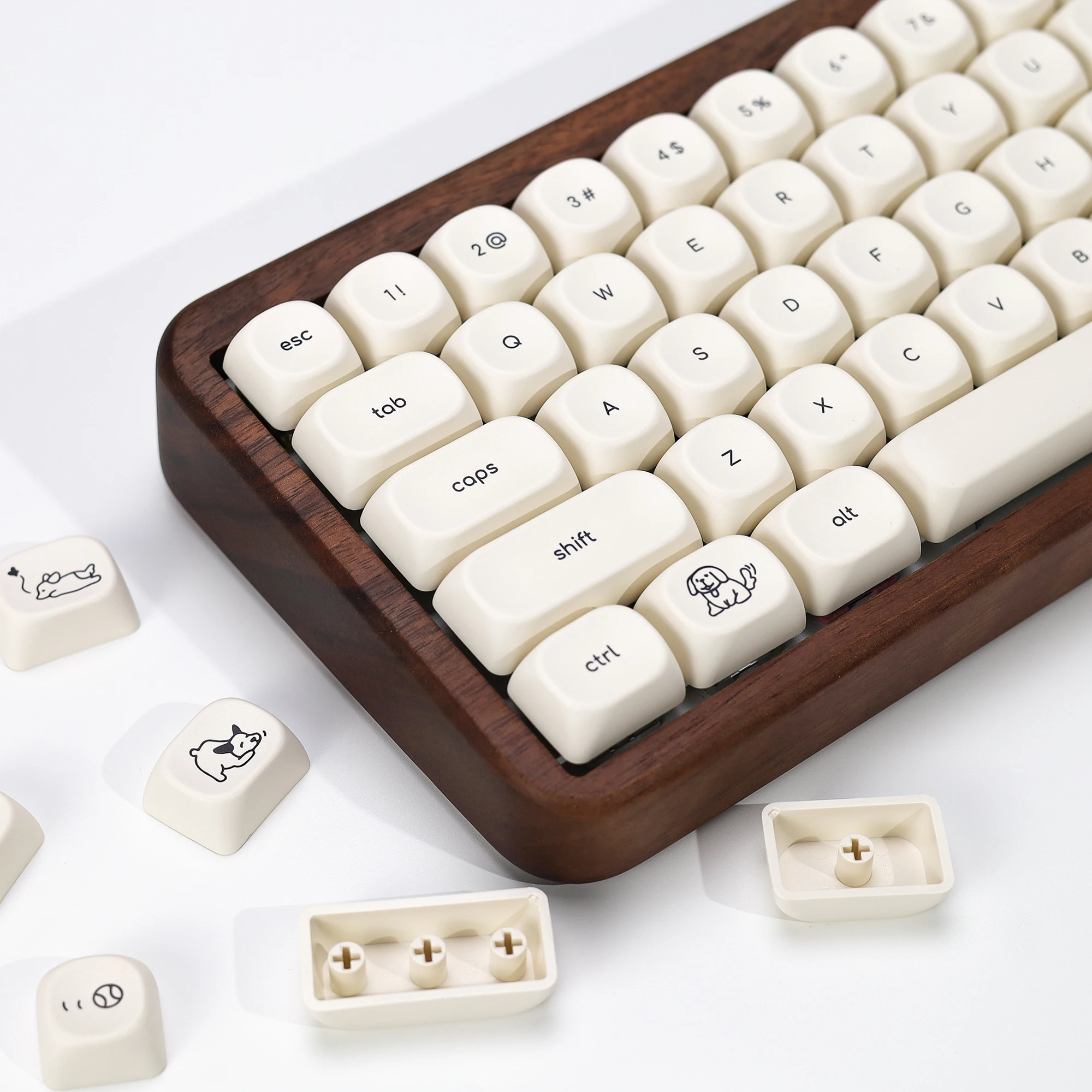 Cute Dog Theme Milky White Round Keycap 124Keys PBT Thermal Sublimation MOA Profile Puppy Keycaps for Mechanical Gaming Keyboard