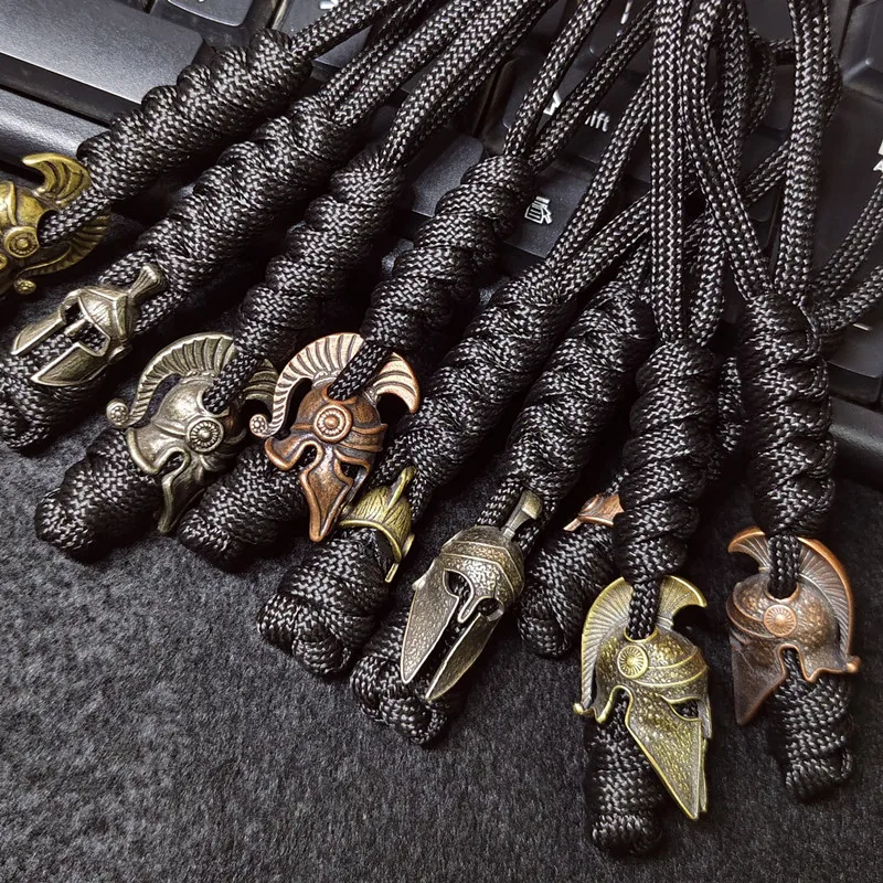 

Handmade Woven Lanyard Retro Copper alloy Spartan Warrior Helmet Paracord Beads DIY Outdoor Bag Hanging Rope Buckle Pendant