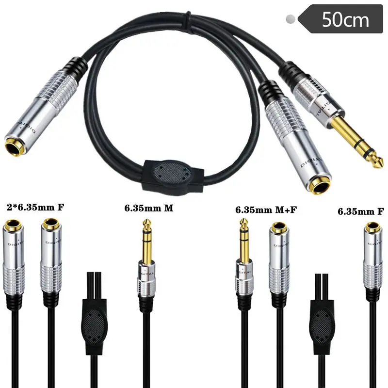 Aluminum Shell, One Split, Two Wires, 6.35mm Stereo Dual Channel To Two 6.35mm Audio Y-Shaped Extension Docking Cables