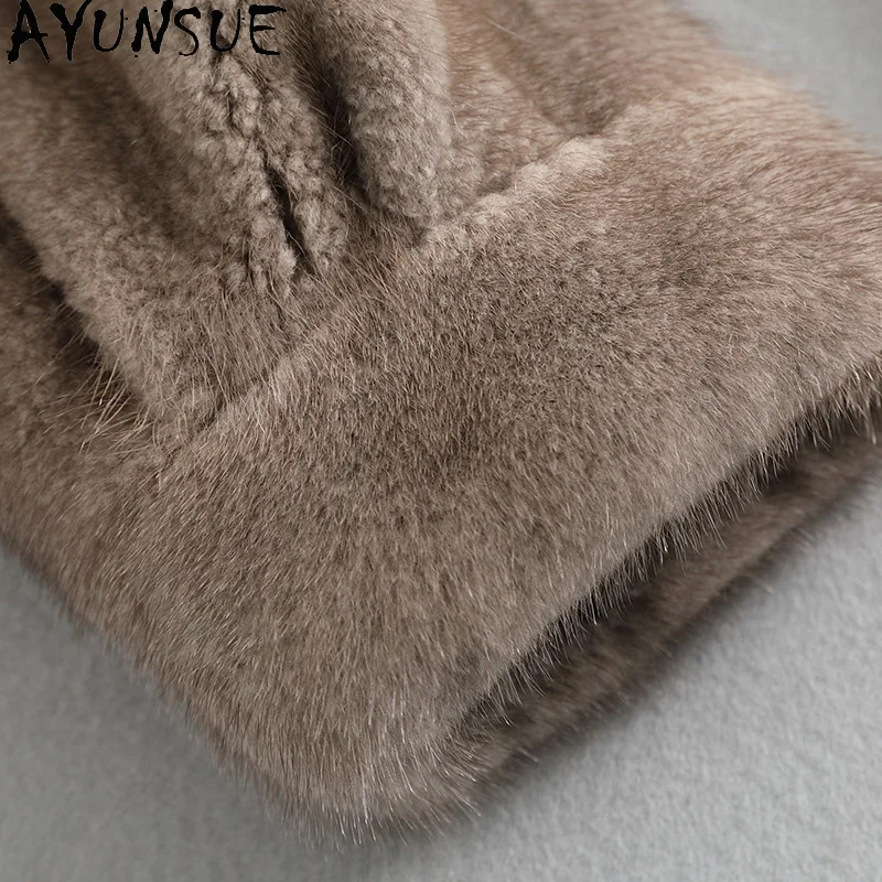 معطف فرو المنك الطبيعي من AYUNSUE للنساء بياقة واقفة معطف فرو المنك الكامل الفاخر ملابس نسائية جودة عالية 2025 شوبانا Жénska