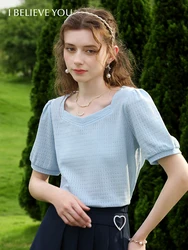 I BELIEVE YOU Lace Blouse Square Collar Short Puff Sleeves Women's Tops 2023 Summer New Chic Elegant Shirts & Blouses 2232085148