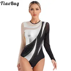 Damen Gymnastik Trikots Bronzing Mesh Langarm Ballett Bodysuit Metallic Kontrast Figur Eislaufen Overall Kostüm