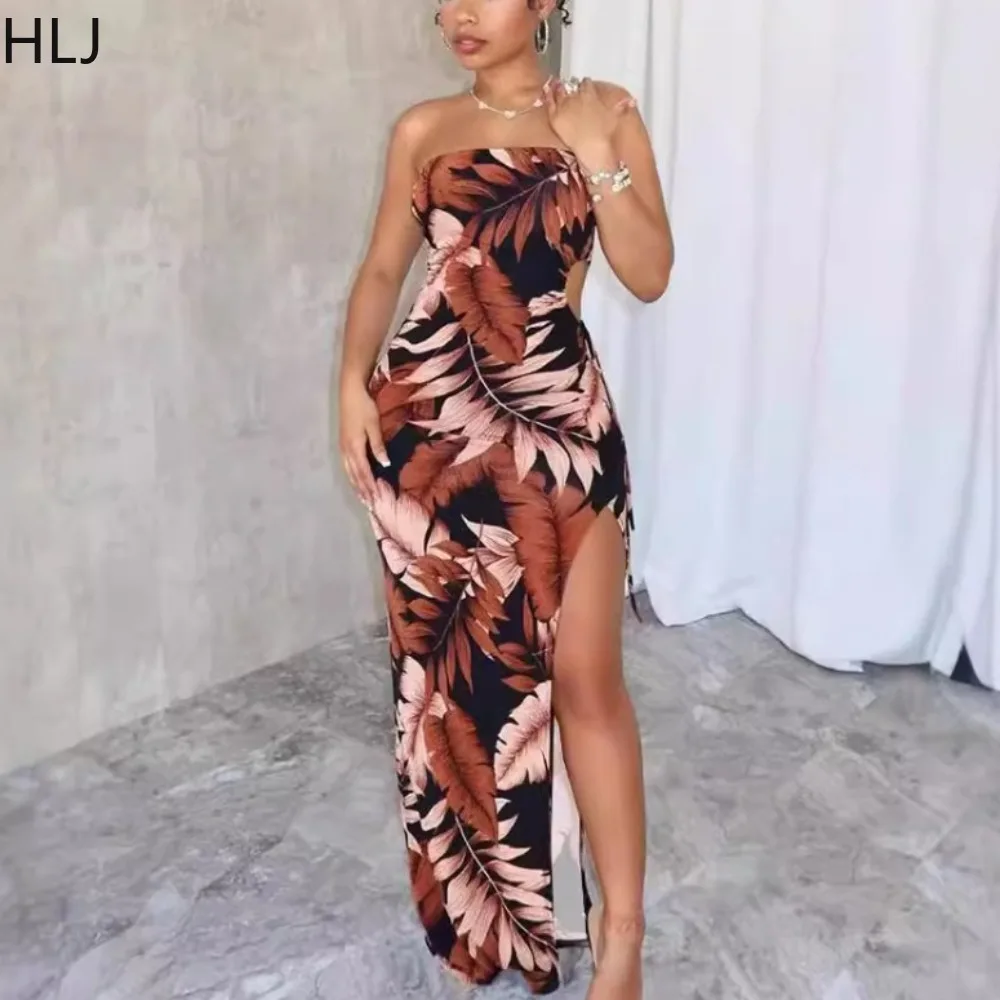 

HLJ Fashion Pattern Print Bodycon Slit Tube Dresses Women Off Shoulder Sleeveless Backless Slim Vestidos Female Hollow Clothing