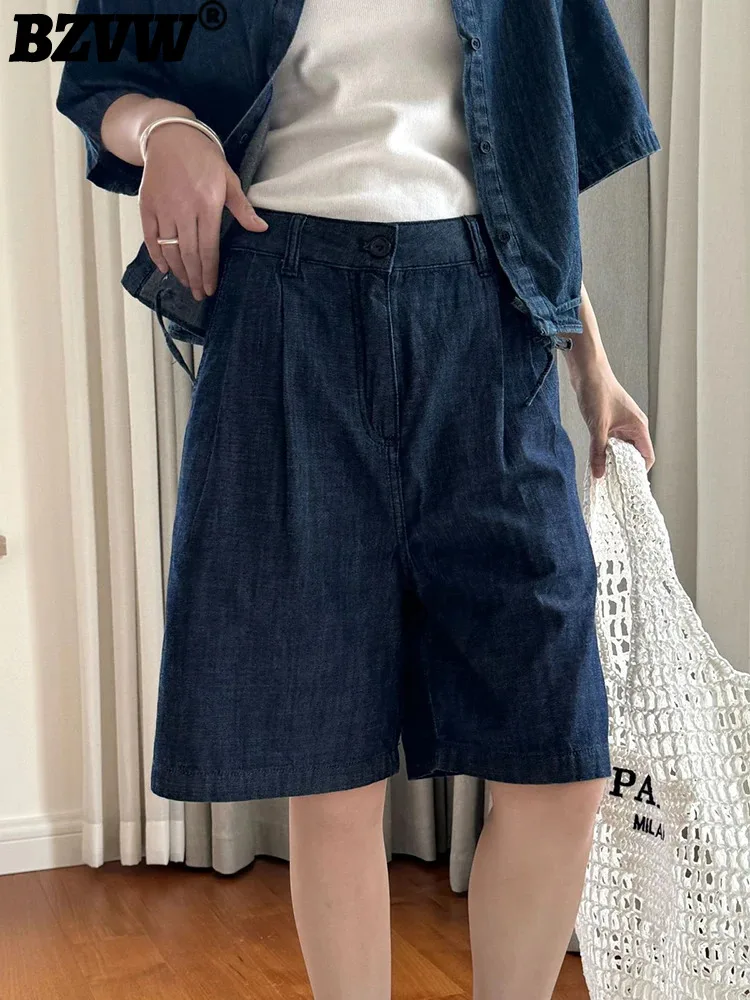 

BZVW Vintage Denim Shorts For Women Dark Blue High Waist Straight Loose Clothing Office Lady 2024 Summer New 26D9415