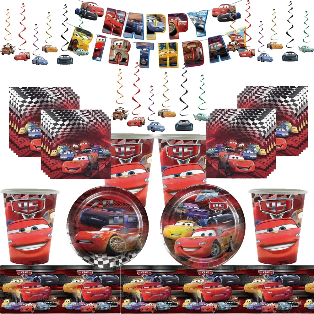 Cartoon Red Car Theme Childrens Birthday Party Decoration Disposable Tableware Cartoon Cars Flags Hanging Decorations Placemats