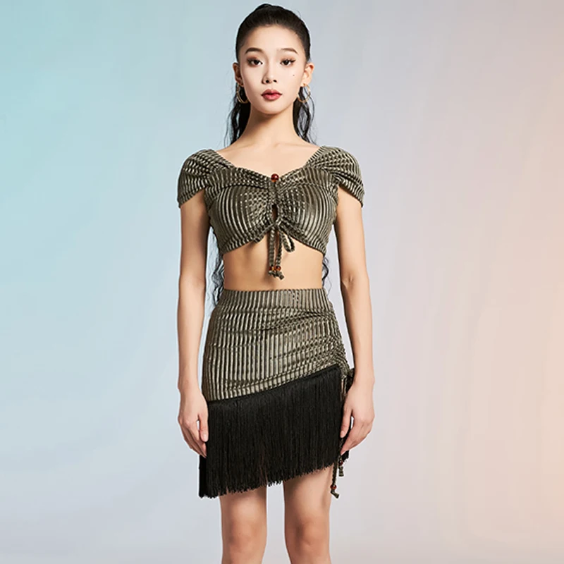 

Latin Dance Practice Clothes Women Sleeveless Dance Top Latin Fringe Skirt Tango Rumba Training Costume Female Dancewear VBH1777