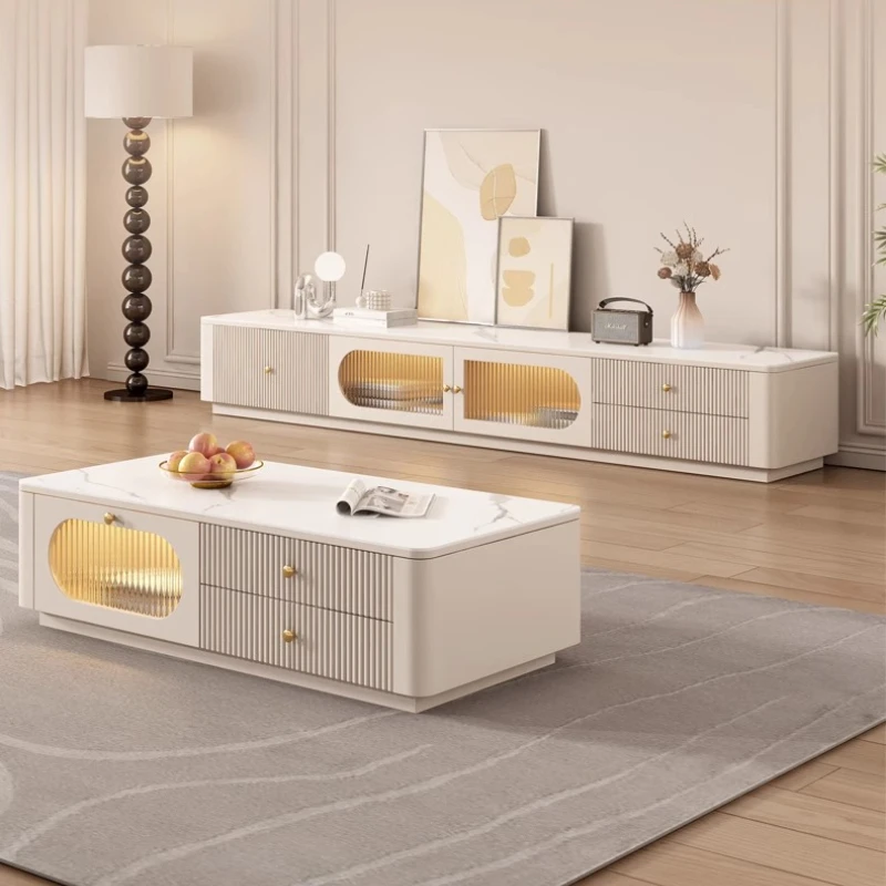 

Light Luxury Nordic Vertical TV Cabinet Living Room Center Coffee Table Rock Simple Modern Cream Solid Wood Style Home Furniture