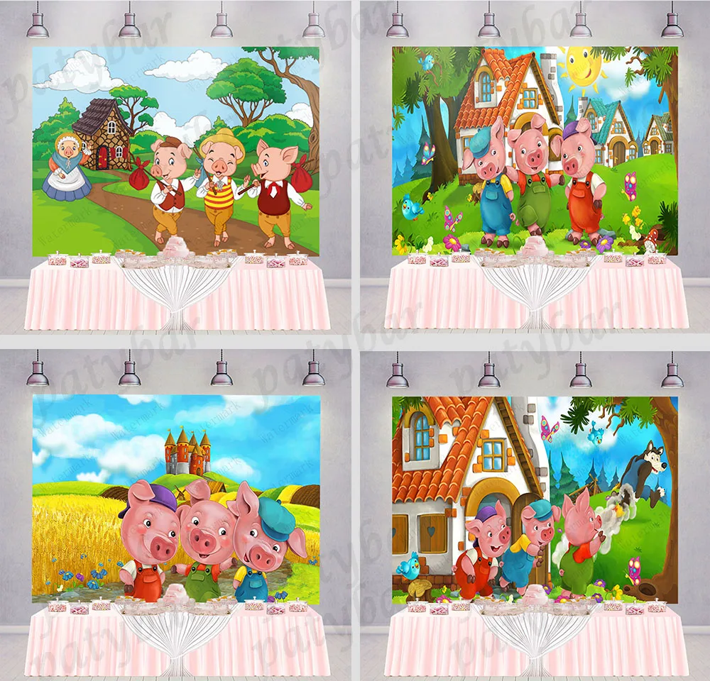 

PatyBar Mother Pig with Three Cute Pigs Wood House Backdrop Kids Birthday Party Photography Background Photo Banner Props