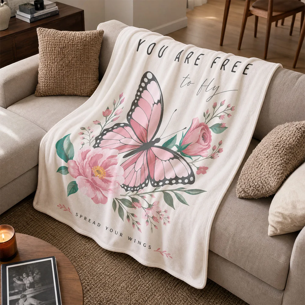 Luxury Floral Butterfly Print Throw Blanket for Sofa Couch Boho Cottagecore Decor Cozy Decorative Gift for Home Living Room