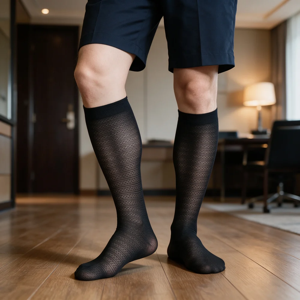 Mens Knee High Sheer Dress Socks Nylon Over The Calf Thin Breathable Formal Business Suit Socks with Subtle Geometric Pattern