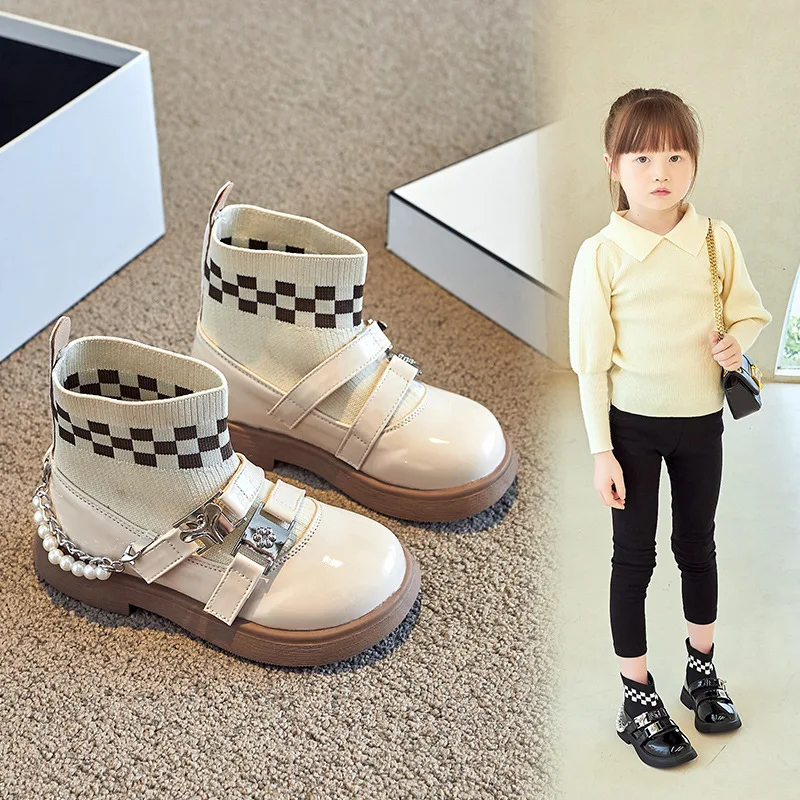 Spring Autumn Girls' Boots Knitted Checkerboard Kids Ankle Boots Patent Leather Round Toe Children Shoes Fashion Princess Bota