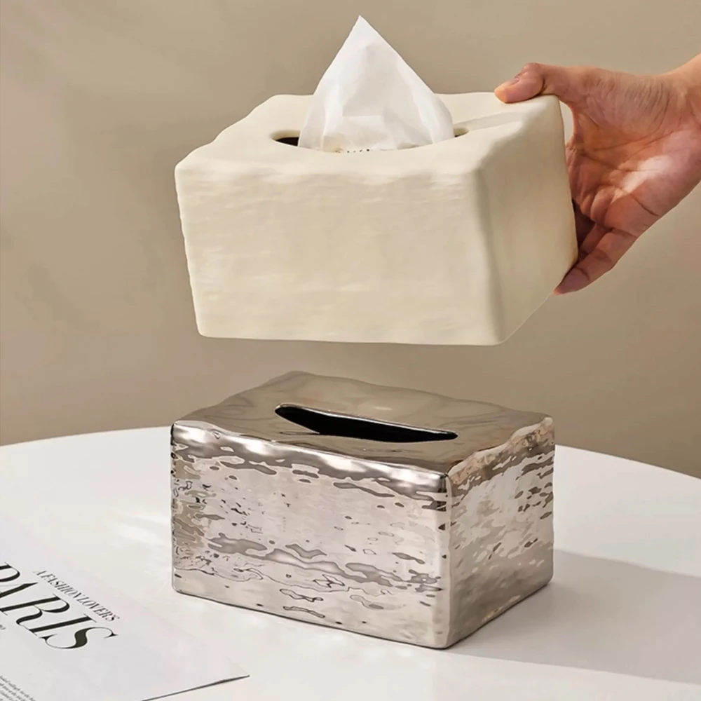 Creative Water Ripple Ceramic Tissue Box Living Room Pull-Out Tissue Box Electroplated Silver Napkin Holder Dining Table Decor