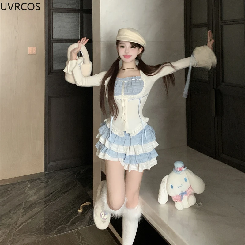 Japanese Style Lolita 2 Piece Set Women Sweet Slim Y2k Crop Blouse Tops Party Mini Skirts Fashion Suit Harajuku Kawaii Clothiing