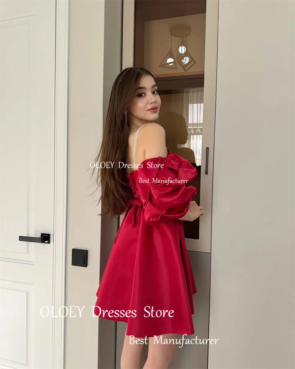 OLOEY Red Satin Ruched A Line Sweetheart Sashes Cocktail Dress Mini Length Sleeveless Spaghetti Strap Prom Gowns Custom Made