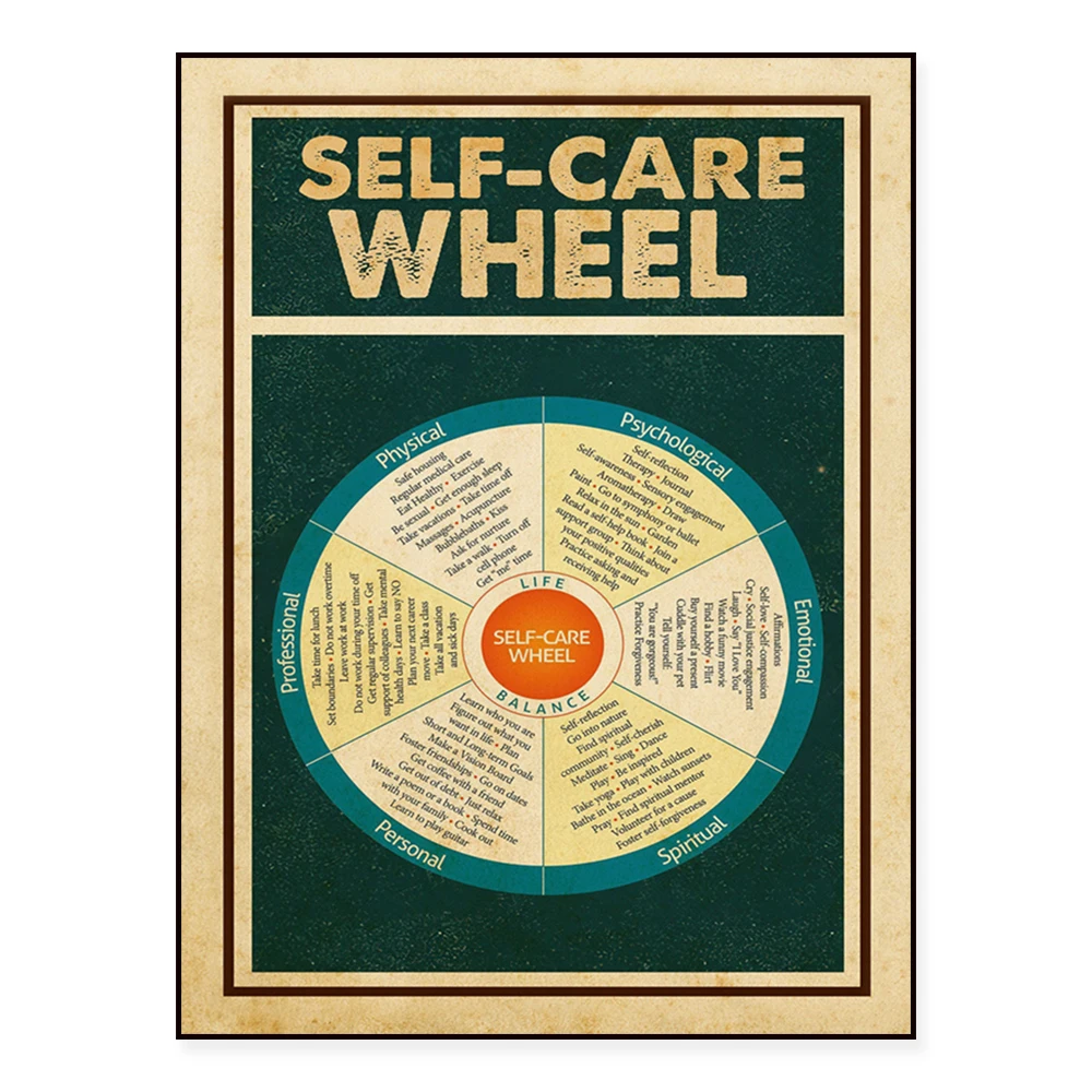 Affiches d'auto-amour de santé mentale-art de roue d'auto-soin, graphiques de techniques calmes de pleine conscience, art thérapeute et psychologue
