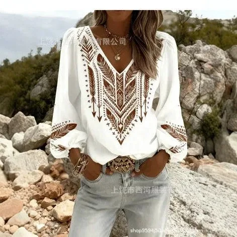 Long Sleeve V Neck Top Regular Fit Elegant with T Shirts 3D Digital Print Long Blouse Fresh Sweet Summer Straight Cut Women Top