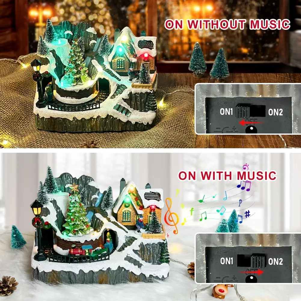 Estatuilla de pueblo navideño con música, luces, árbol y tren en movimiento para decoración navideña en interiores