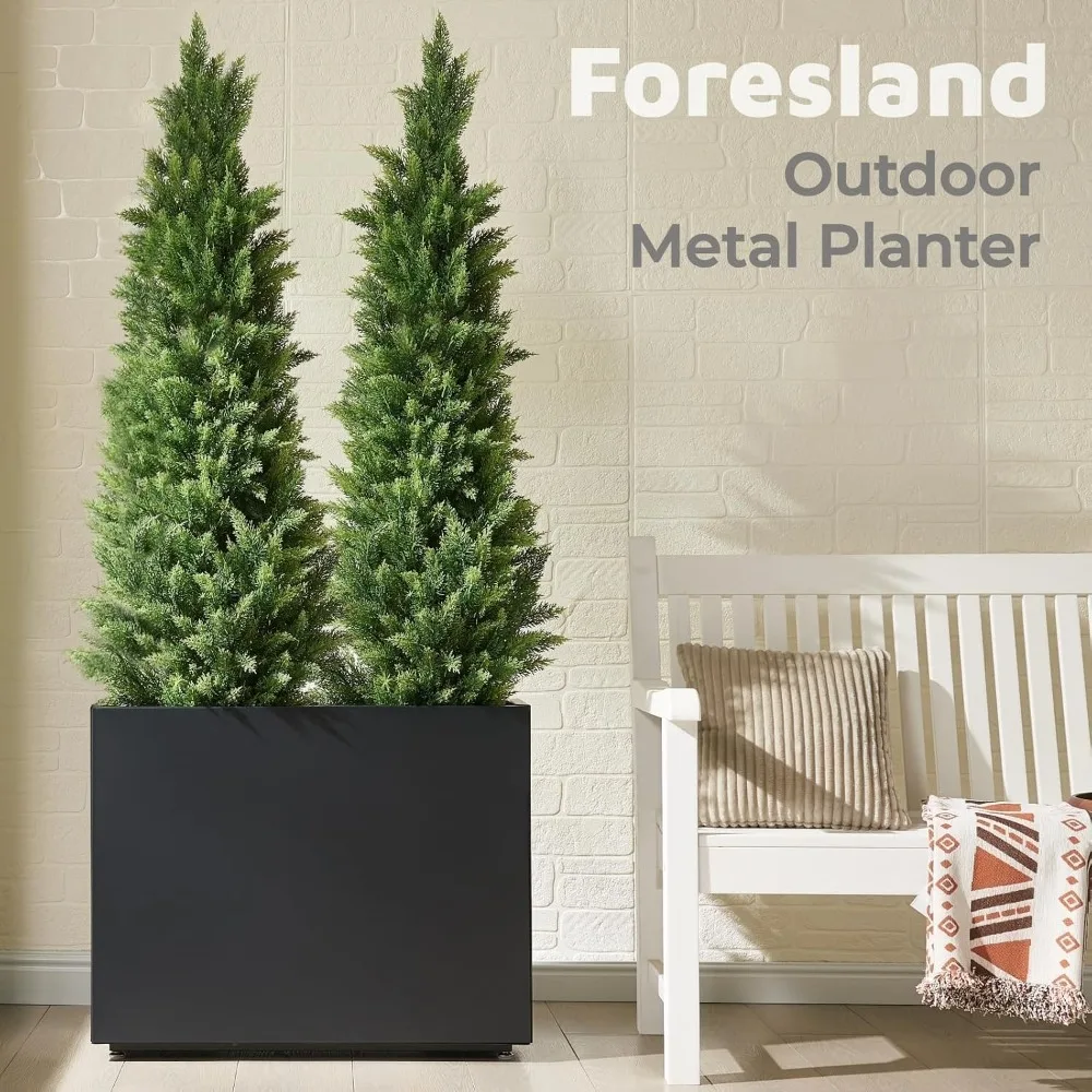 Black Metal Tall Planter with Middle Shelf, 36x11x30 Inch Indoor/Outdoor Plant Stand