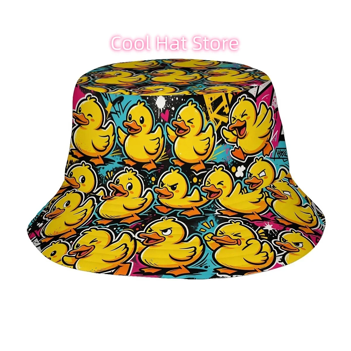 1pc Cartoon Yellow Duck in Graffiti Style(2) Neutral Double-layer Printed Fisherman Hat, Stylish Hat with Fun Personality, Outdo