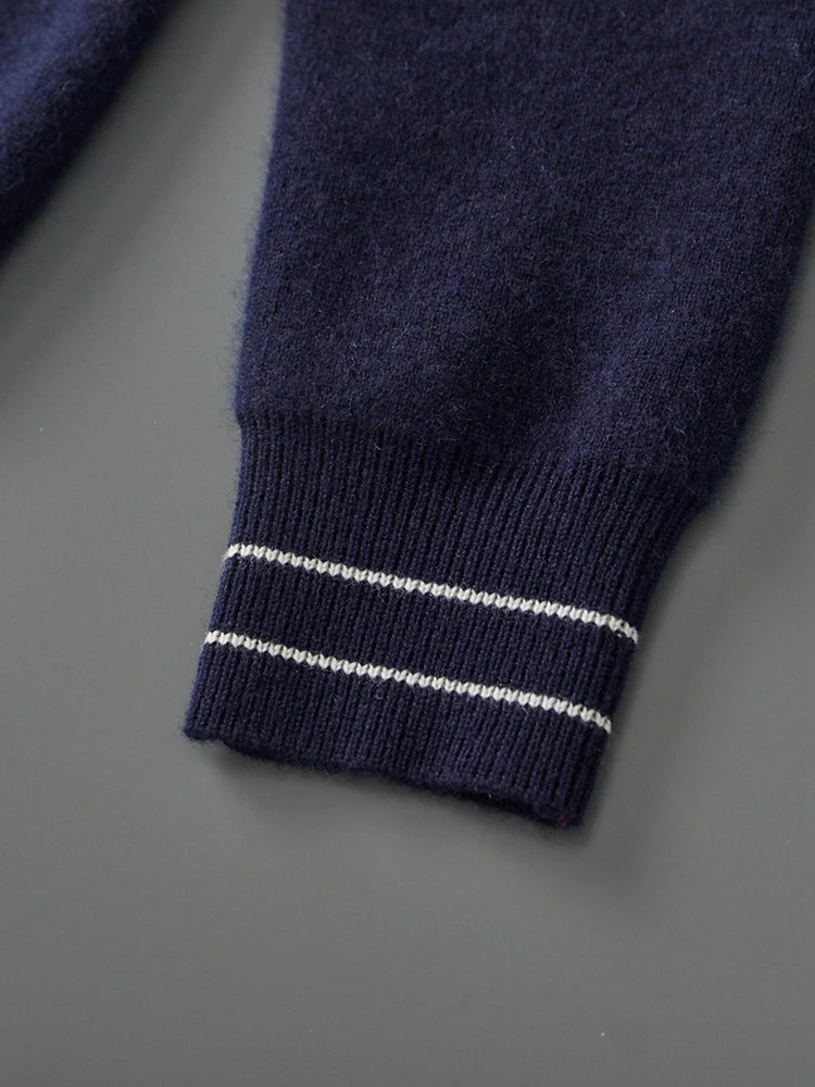 Sweter Pria Kerah Polo Mantel 100% Wol Merino Cardigan Pakaian Musim Gugur Musim Dingin Sweter Rajut Korea Tebal Resleting Terbuka Jaket Jahitan