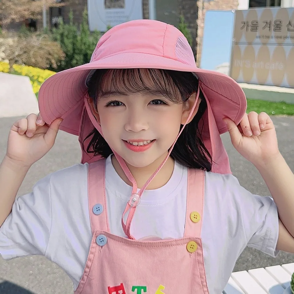 

New Wide Brim Fisherman Hat Mesh Breathable Beach Hat with Shawl Anti-Sun Bucket Hat Boys Girls