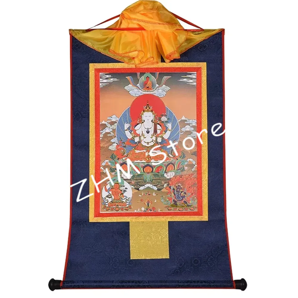 Tibetan Buddhist Four-arms Guanyin/Bodhisattva Painted Tibetan Figurine Decorate Hanging Buddhist Thangka
