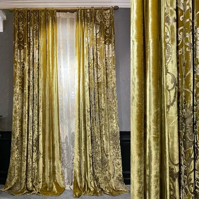 High End Gold Velvet Gilded Jacquard Curtains for Living Room Bedroom French Window Villa Customized Products