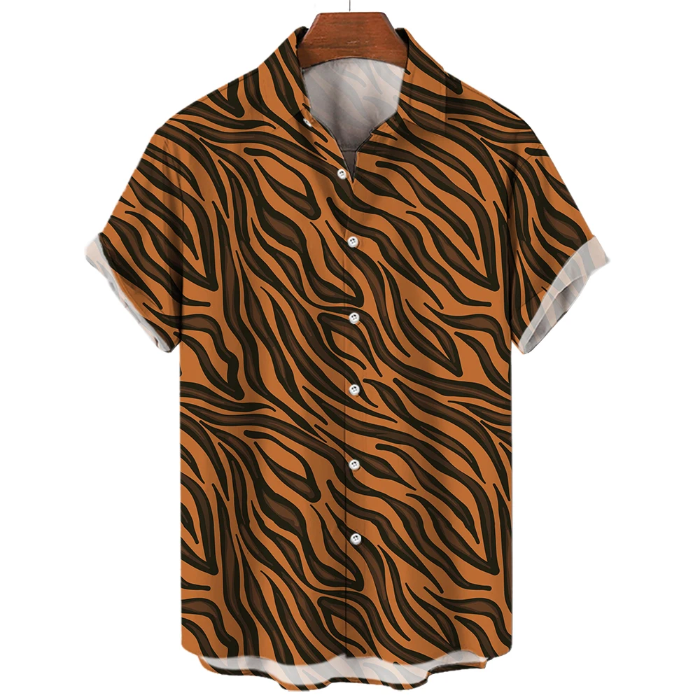 Tiger Stripes Print Summer Men\'s Shirts Casual Oversized Short Sleeve Fashion Single-Breasted Blouses Trend Tops Men Clothing