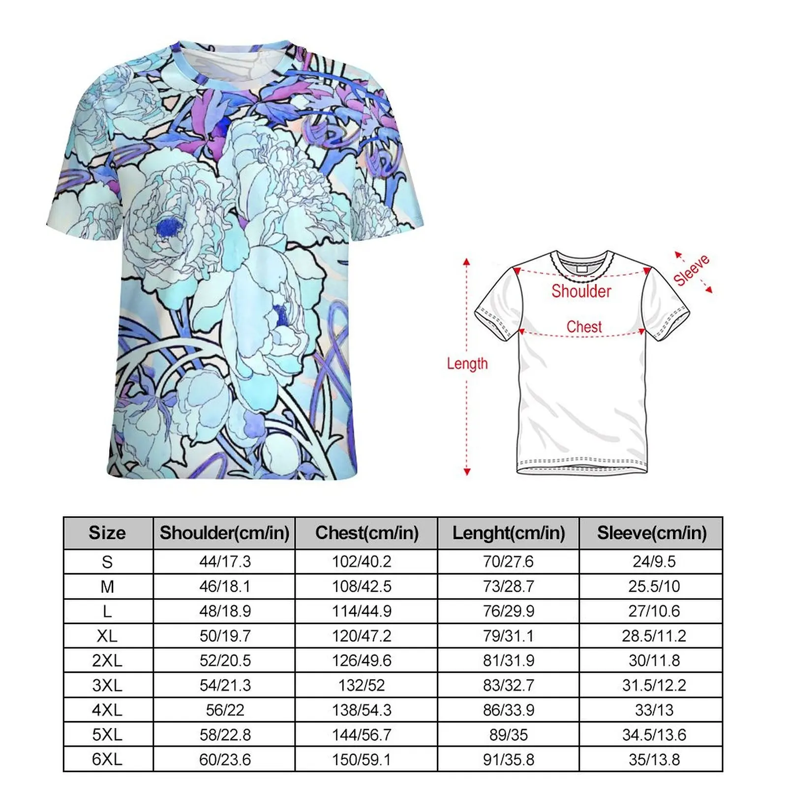 Art Nouveau T-Shirt Peony Flowers Harajuku T Shirts Men Funny Tshirt Beach Short Sleeves Custom Tees Big Size