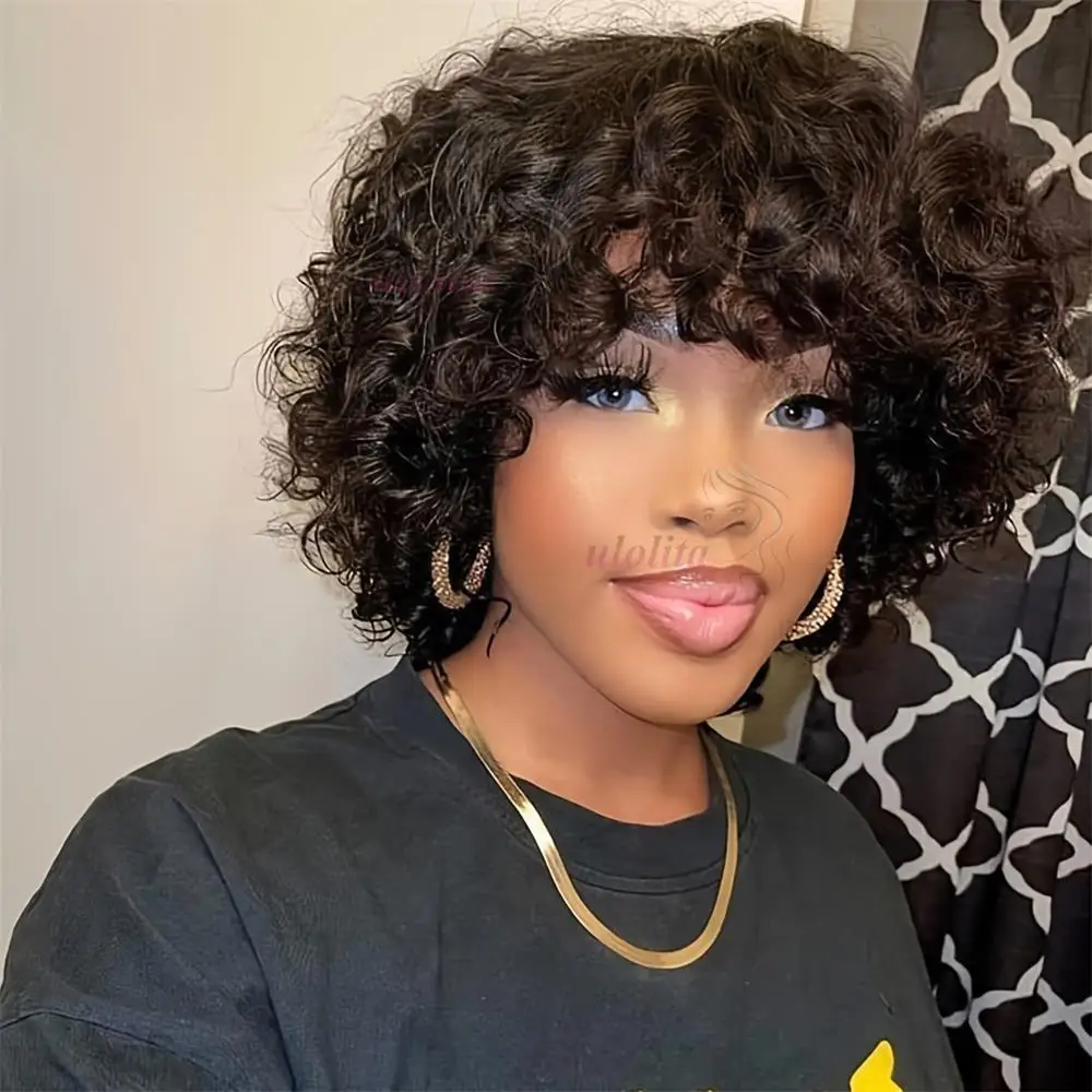99J Burgunder Fumi Lockige Bob-Perücke, Federnde Pixie-Cut-Perücke mit Highlights, Vollmaschinell Gefertigte Eierlocken, Lockige Echthaar-Perücken für Frauen mit Pony – Detail 18