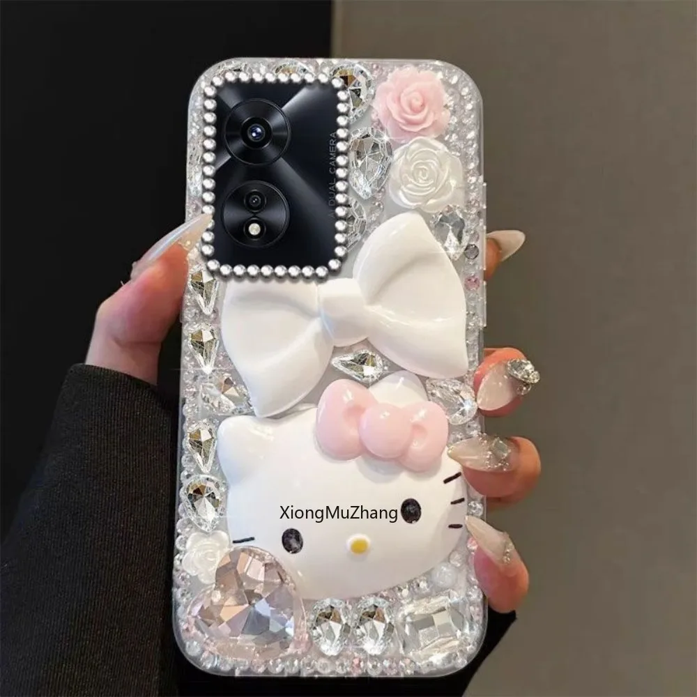 Hallo Kitty Schleife mit Armband Handyhülle für OPPO A98 A96 A95 A93 A92 A78 A74 A72 A58 A55 A54 A53 A52 A16 Strasshülle – Detail 2