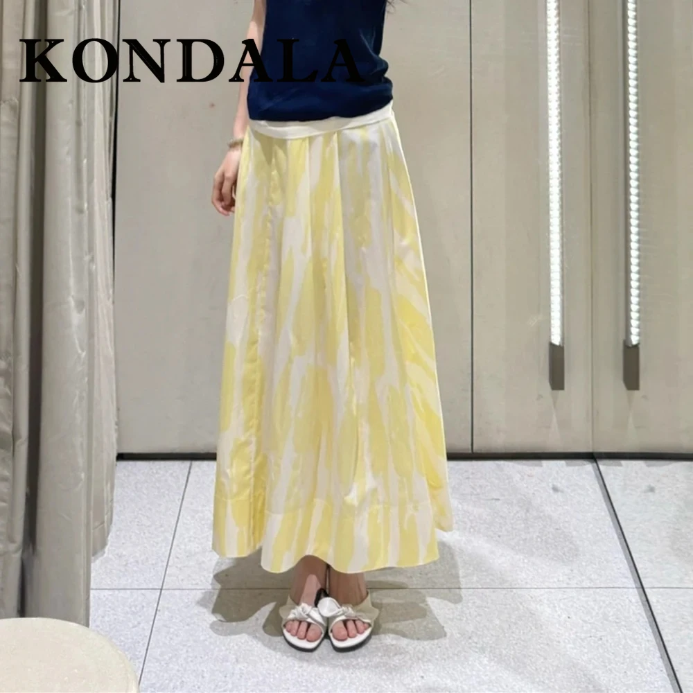 KONDALA Chic Y2K Elegant Yellow Casual Print Woman Pleated Skirt Fashion 2025 Holiday Summer Beach Sweet Mujer Long Midi Skirt