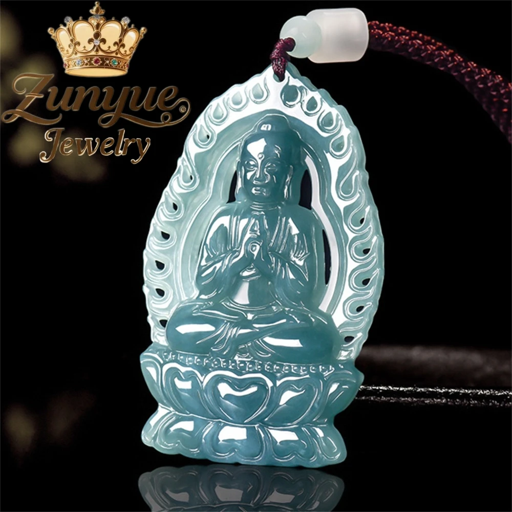 

Natural A-grade Jadeite Blue Water Three-dimensional Sun Buddha Jade Pendant Zodiac Goat And Monkey Guardian Deity Zodiac Buddha
