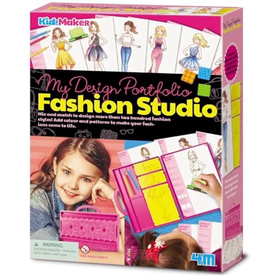 KidzMaker: My Design Portfolio Fashion Studio - Creative Outfit Design Drawing Kit with Mix Max Pattern Rubbing Plates Portable