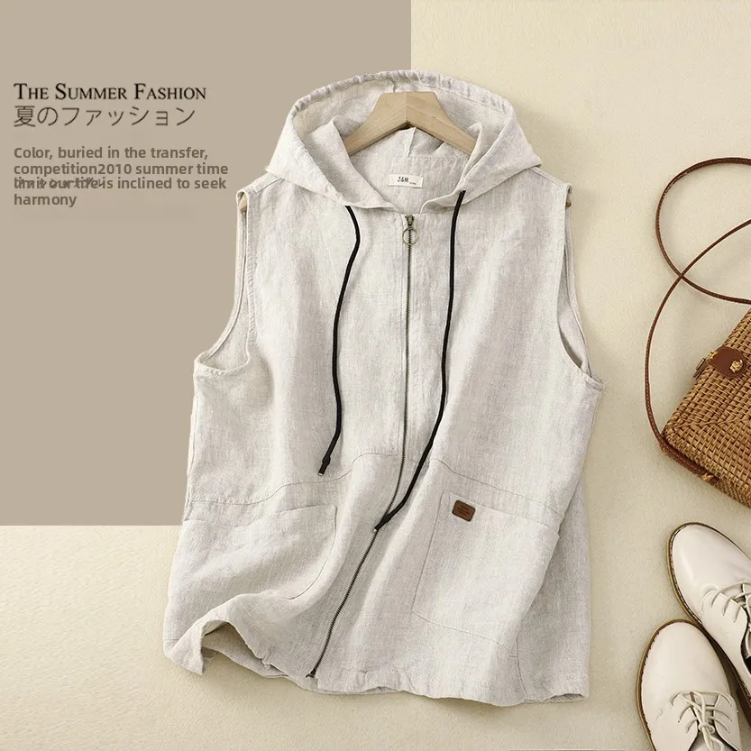

Casual Cotton Linen Zipper Jaet Top Women Spring Summer Thin Coat Svel Hooded Cardigan Vest Comfortable Breathable