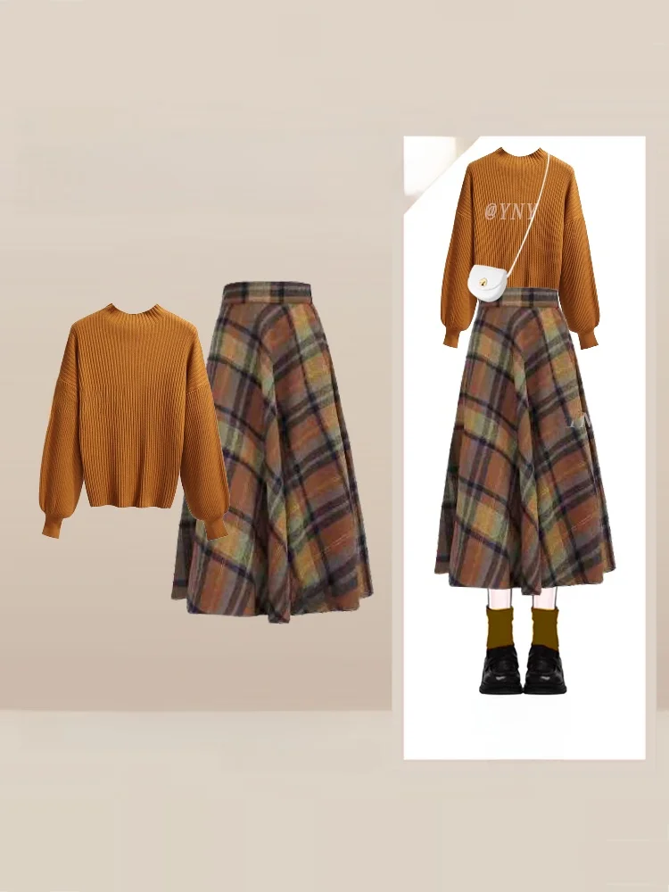 

Осенне-зимний женский комплект трикотажа и клетчатая юбка, модный универсальный длинный свитер и юбка свека, ансамбль