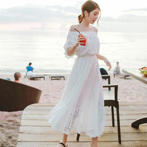 Saia longa branca para as mulheres, vestido praia sem alças, férias, verão