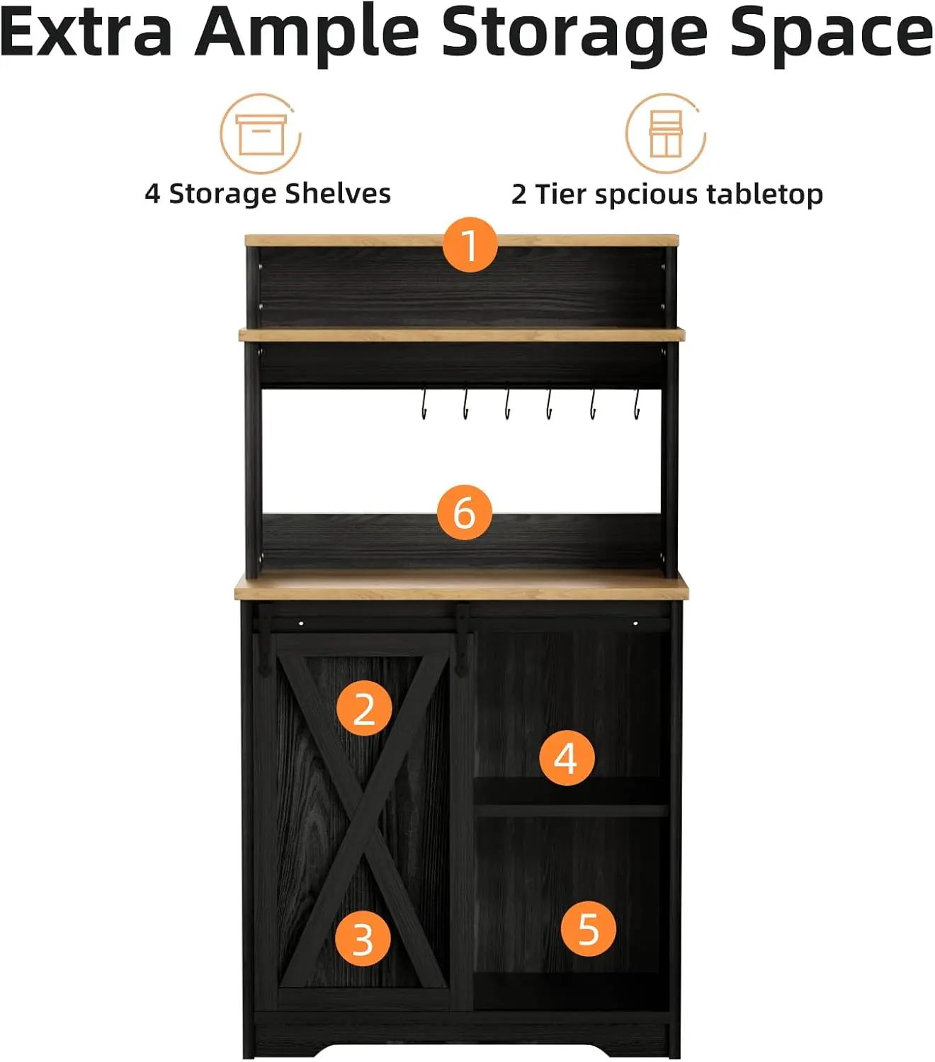 Barra de café de granja, almacenamiento de 3 niveles de 56' con estantes ajustables, 6 ganchos, estación de bar de cocina negra