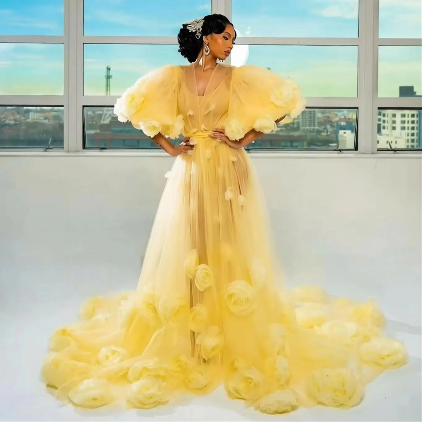 Yellow Bridal Robe Dress Maxi Wrap Customized Lingerie Women Fotos Gowns Boudoir Bathrobe 3D Flower Wedding Dress For Babyshower