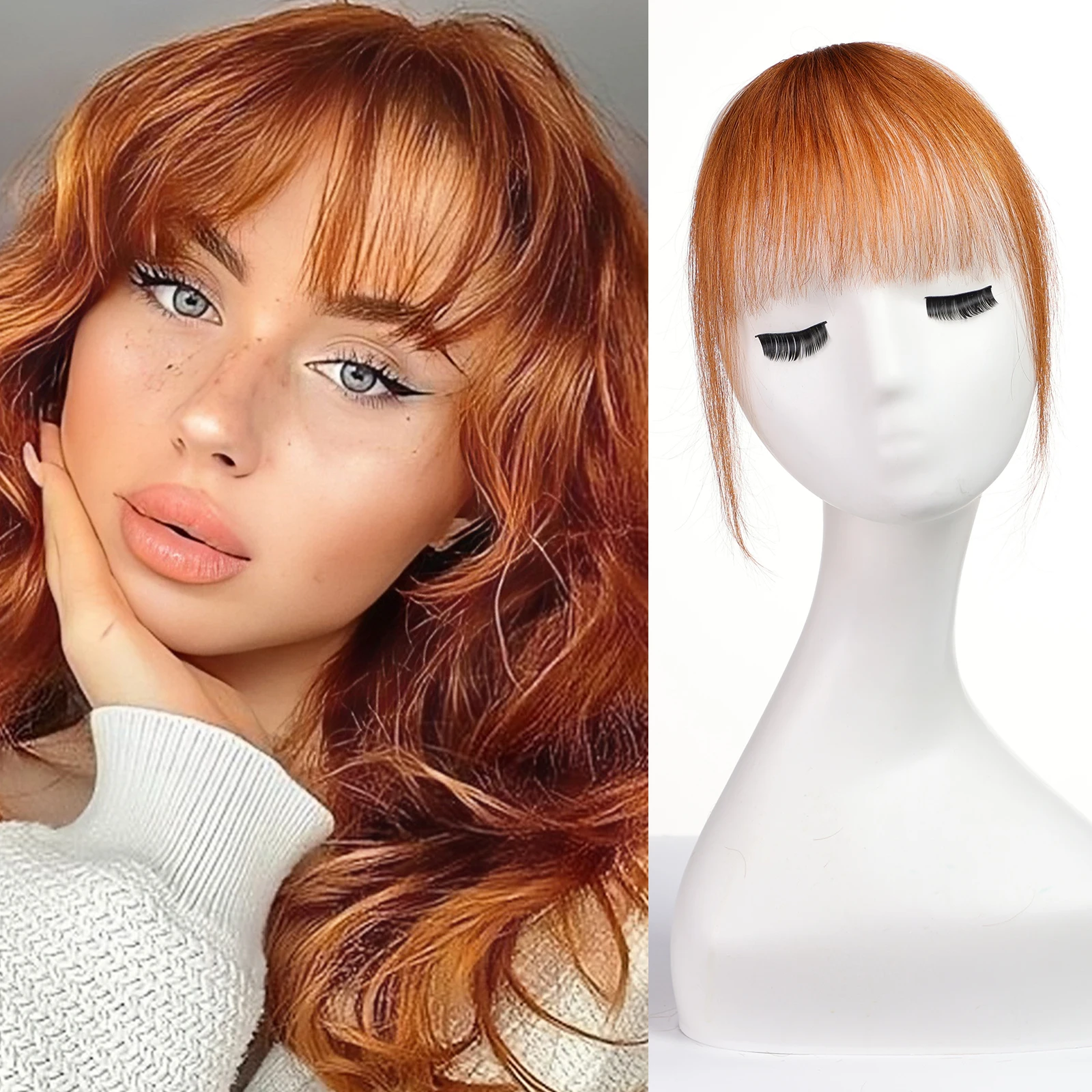 Bangs Hair Clip in Bangs 100% Real Human Hair Extensions Wispy Bang Ginger Copper Fake Bangs Fringe with Temples for Women Daily