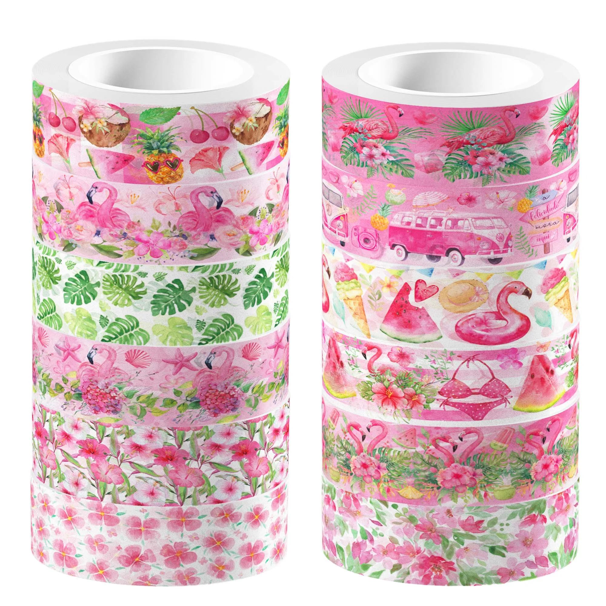 12 Uds. De diseños de flamencos hawaianos, cintas Washi, Material para álbum de recortes, decoración de álbumes de fotos, cintas adhesivas, manualidades DIY para decoración de diario