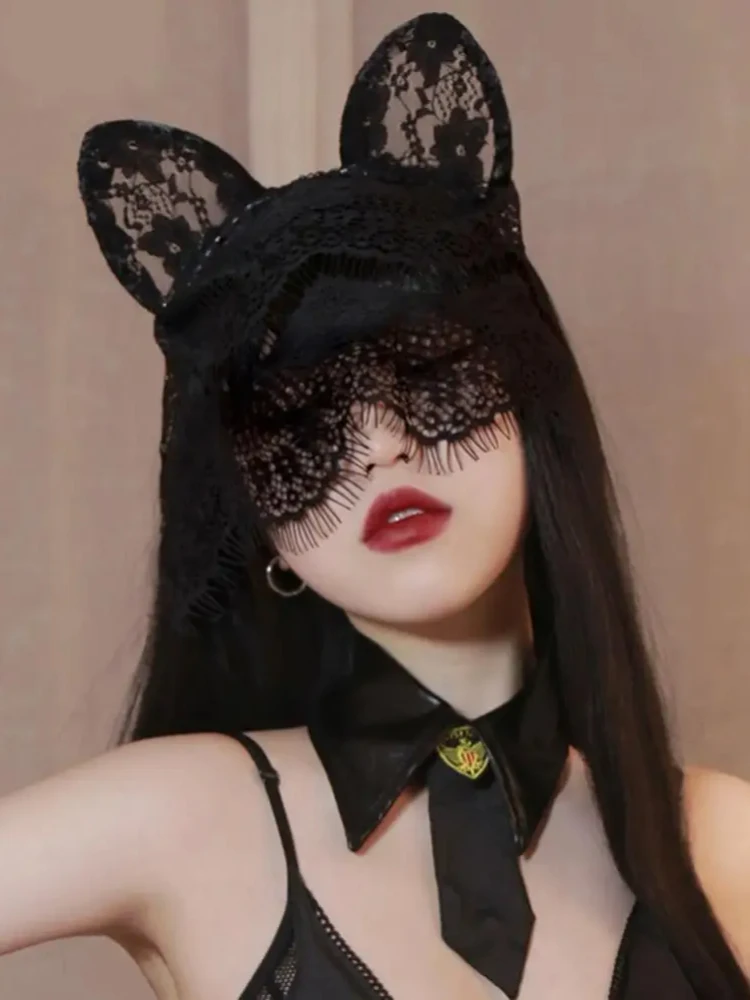 Halloween Eyewear Lace Mask Hair Hoop Sexy Thin Veils Cat Ear See-through Headband Christmas Party Women Face Mask Hot sale